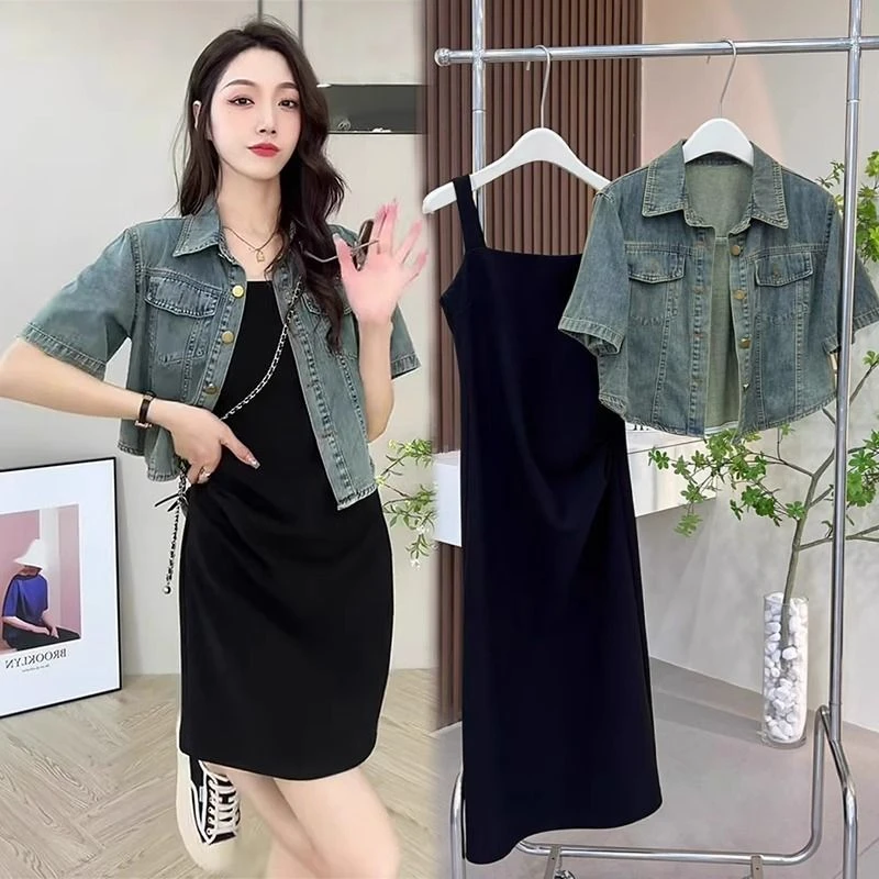 2025夏季洋气炸街两件套女装牛仔短外套搭配吊带连衣裙穿搭套装