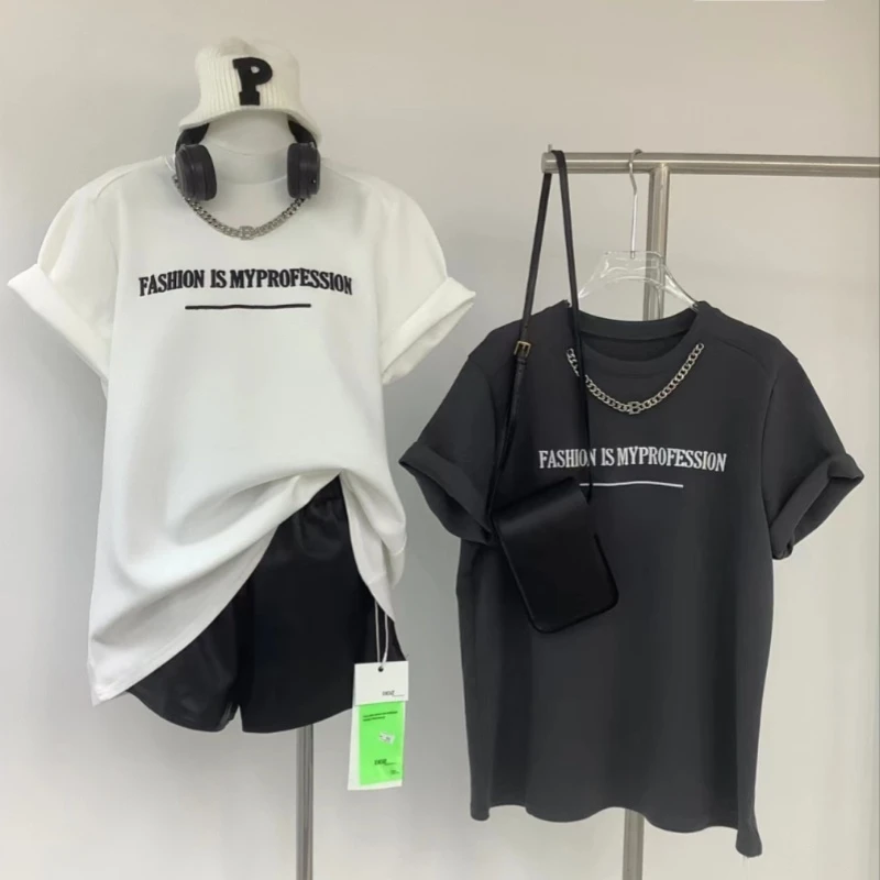 2025夏季新款时尚百搭休闲带链子酷系风情侣款字母刺绣T恤