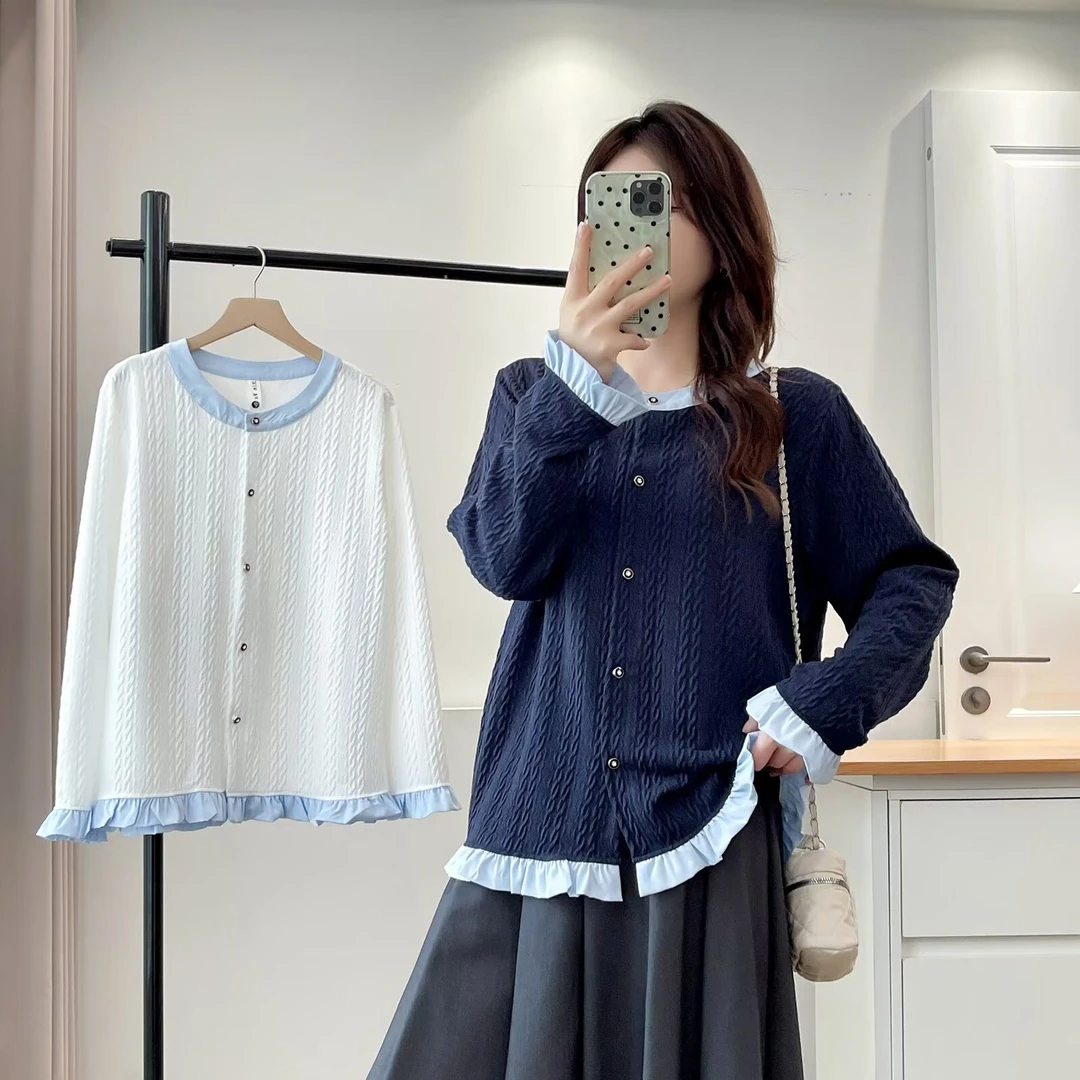 大码胖mm2025早秋新款时尚洋气拼色木耳花边正肩长袖衬衫女812