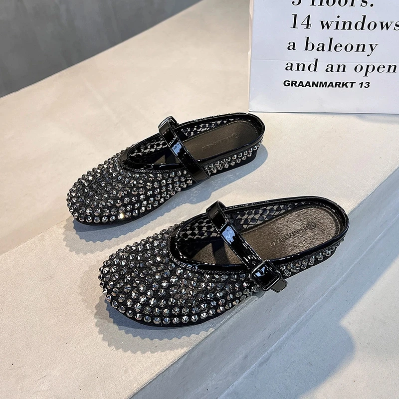 韩版圆头时尚透气女外穿2025春夏季百搭亮钻懒人包头半拖