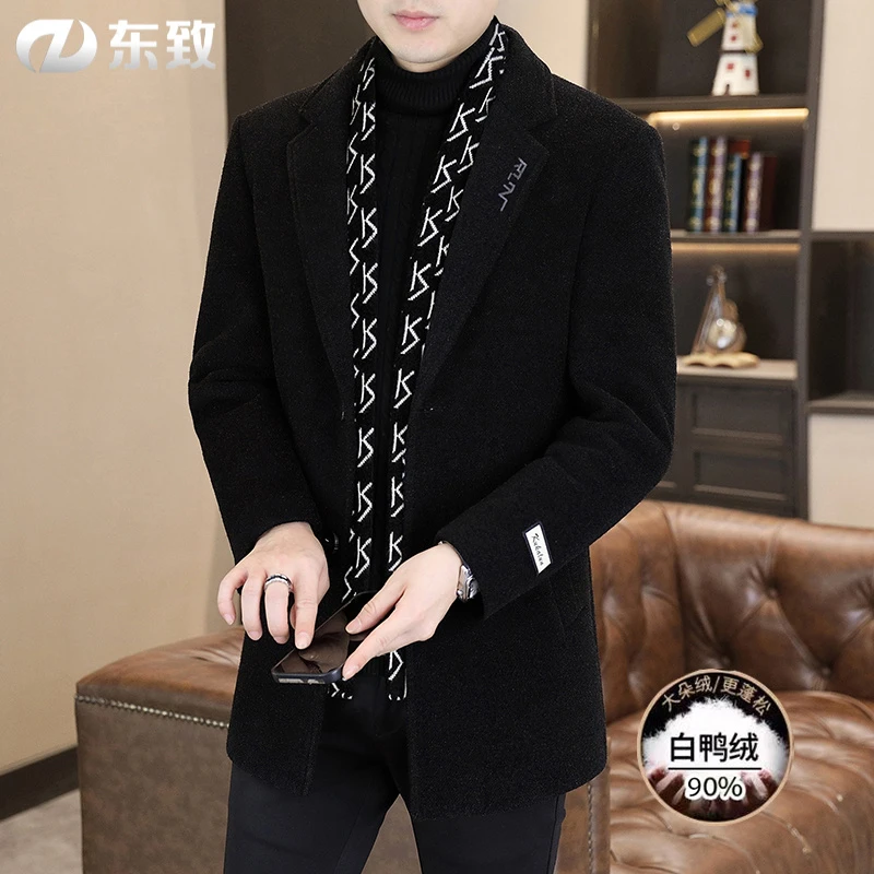 东致【围巾可拆卸】冬季毛呢大衣男中长款修身高端休闲长款男士风衣