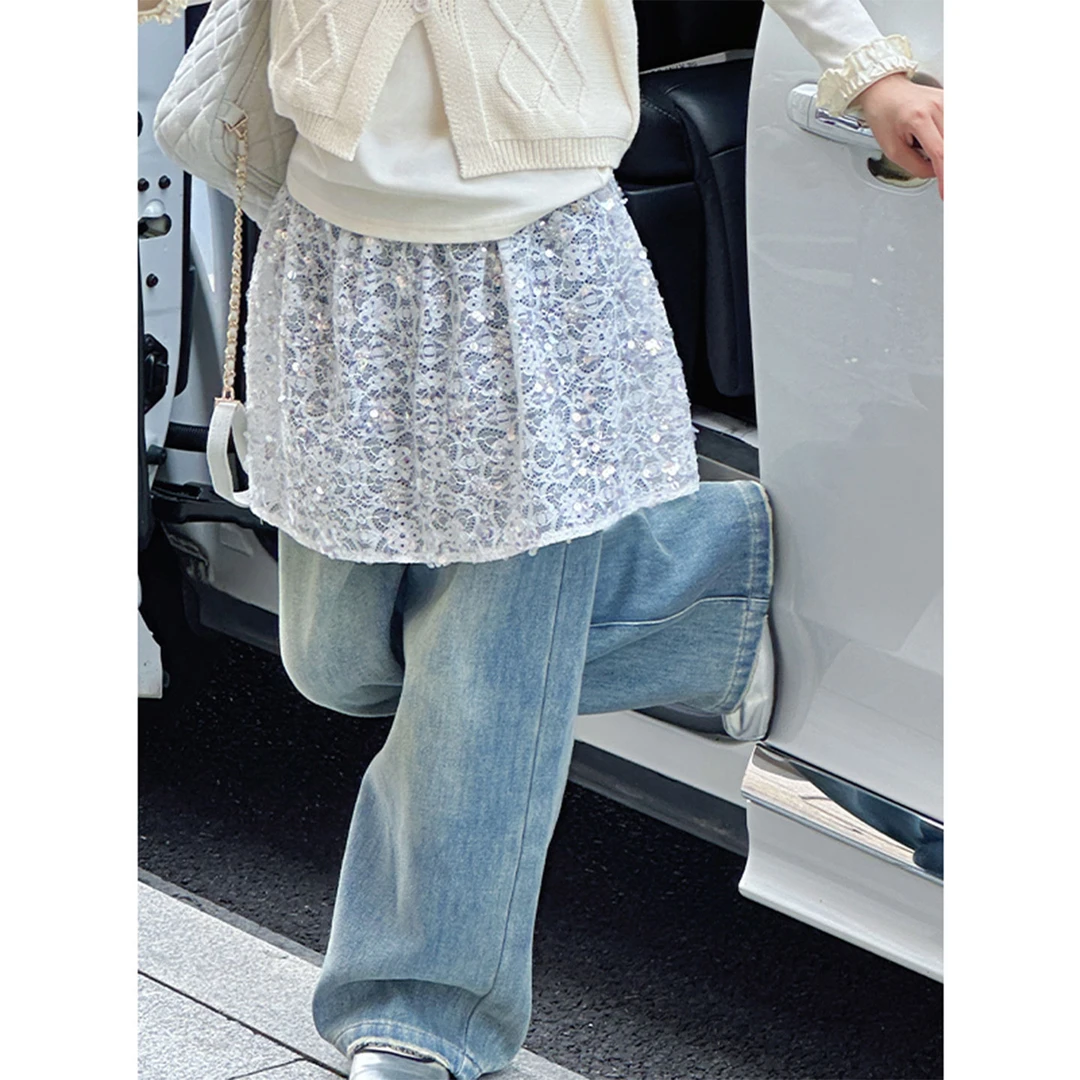 K29437孙小美亮片蕾丝女童秋装牛仔裤新款儿童裤子春秋休闲裤