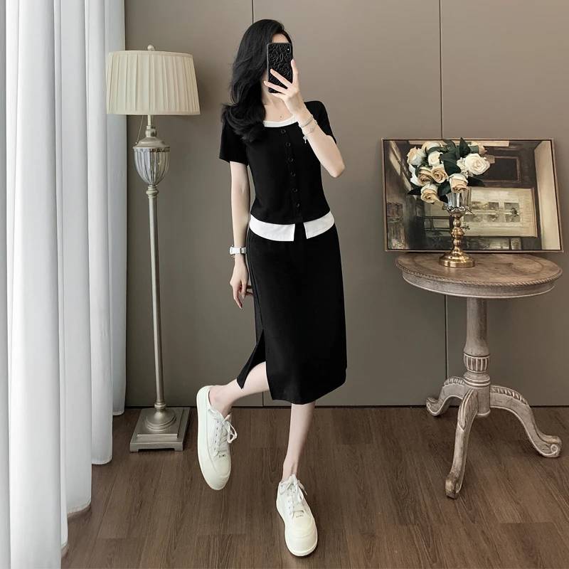 高级感时尚气质套裙女2025夏季修身高端黑色短袖上衣半身裙两件套
