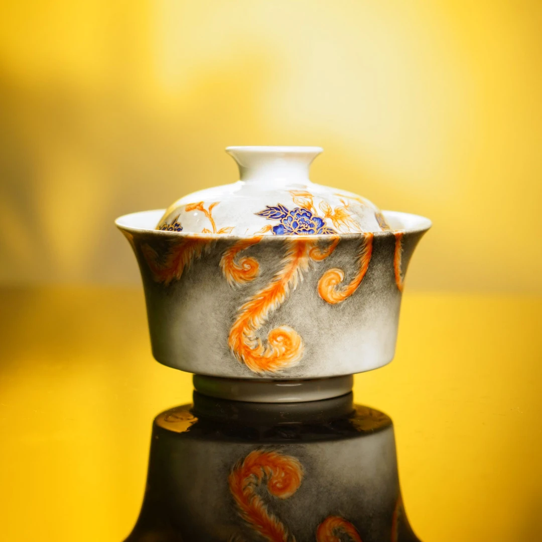 鹤鸣问道  【凤凰牡丹】青花矾红盖碗  景德镇茶器品茗纯手工银