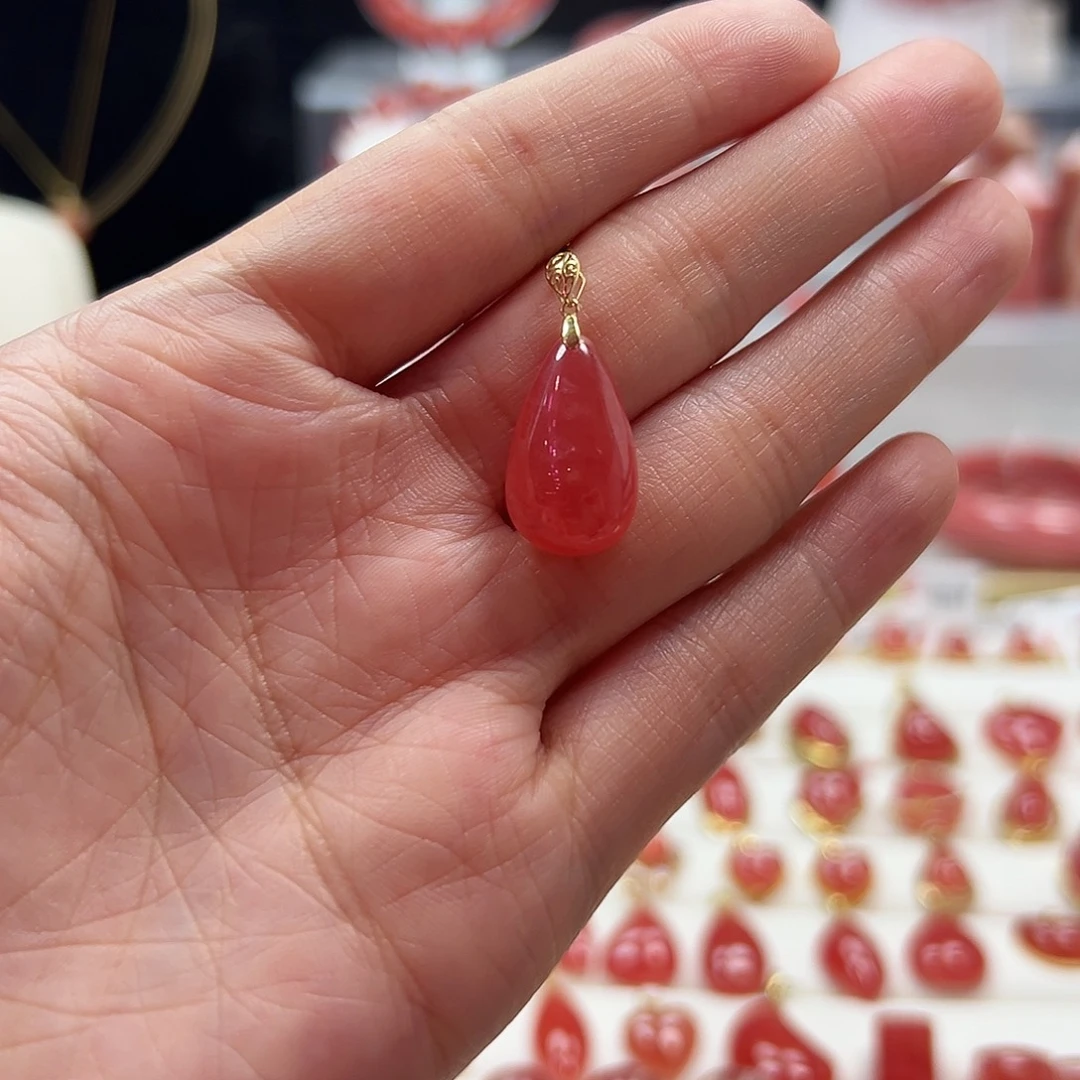 菱锰矿（红纹石）18K金镶嵌吊坠(不含链)