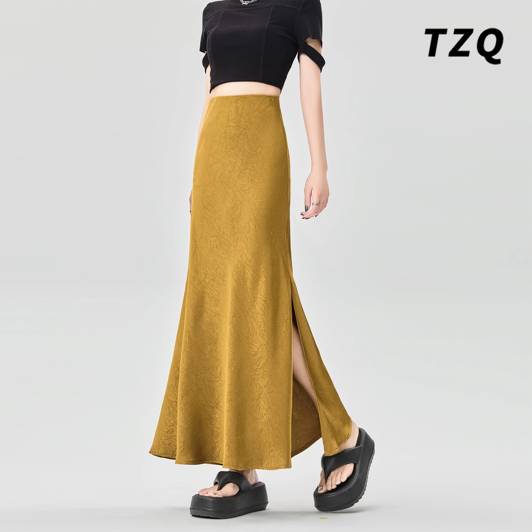 醋酸缎面半身裙女夏薄款2025新款提花a字鱼尾侧开叉垂感包臀长裙