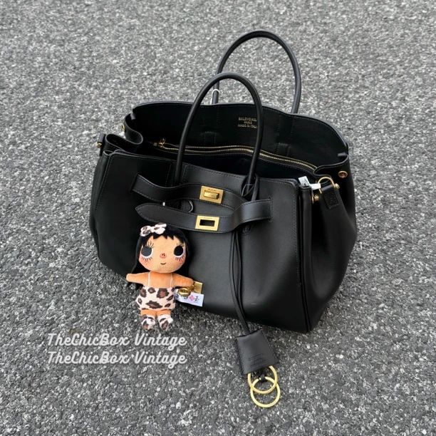 95新 Balenciaga/巴黎世家 只盒/bel air黑金小号牛皮斜挎手提包