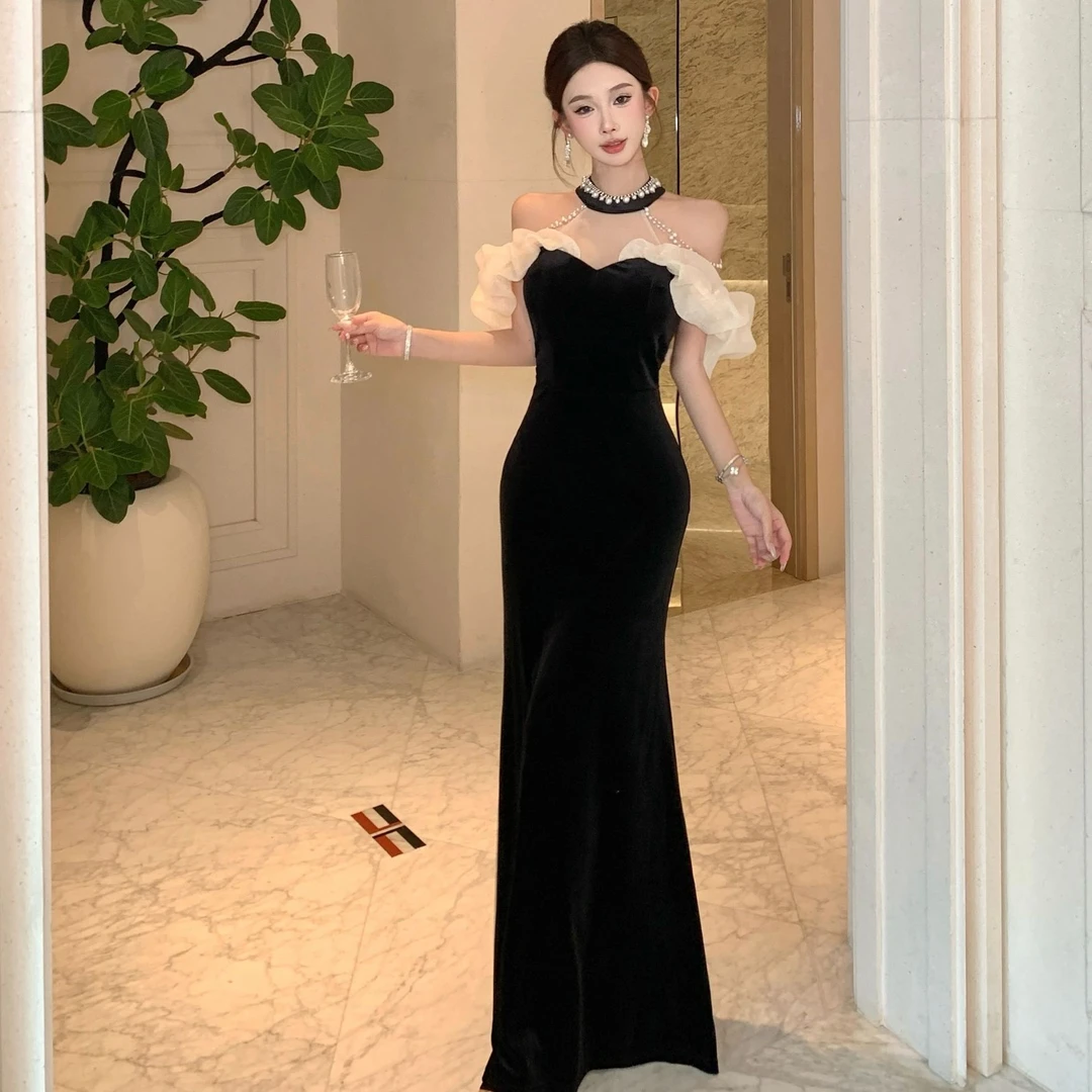 法式设计感复古秋季新款纯欲性感气质名媛重工链子丝绒包臀晚礼服