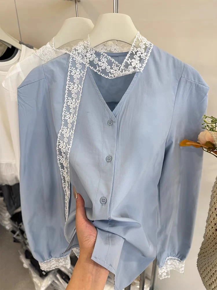 8801#2025春季新款洋气宽松纯色V领衬衫蕾丝飘带百搭显瘦上衣女