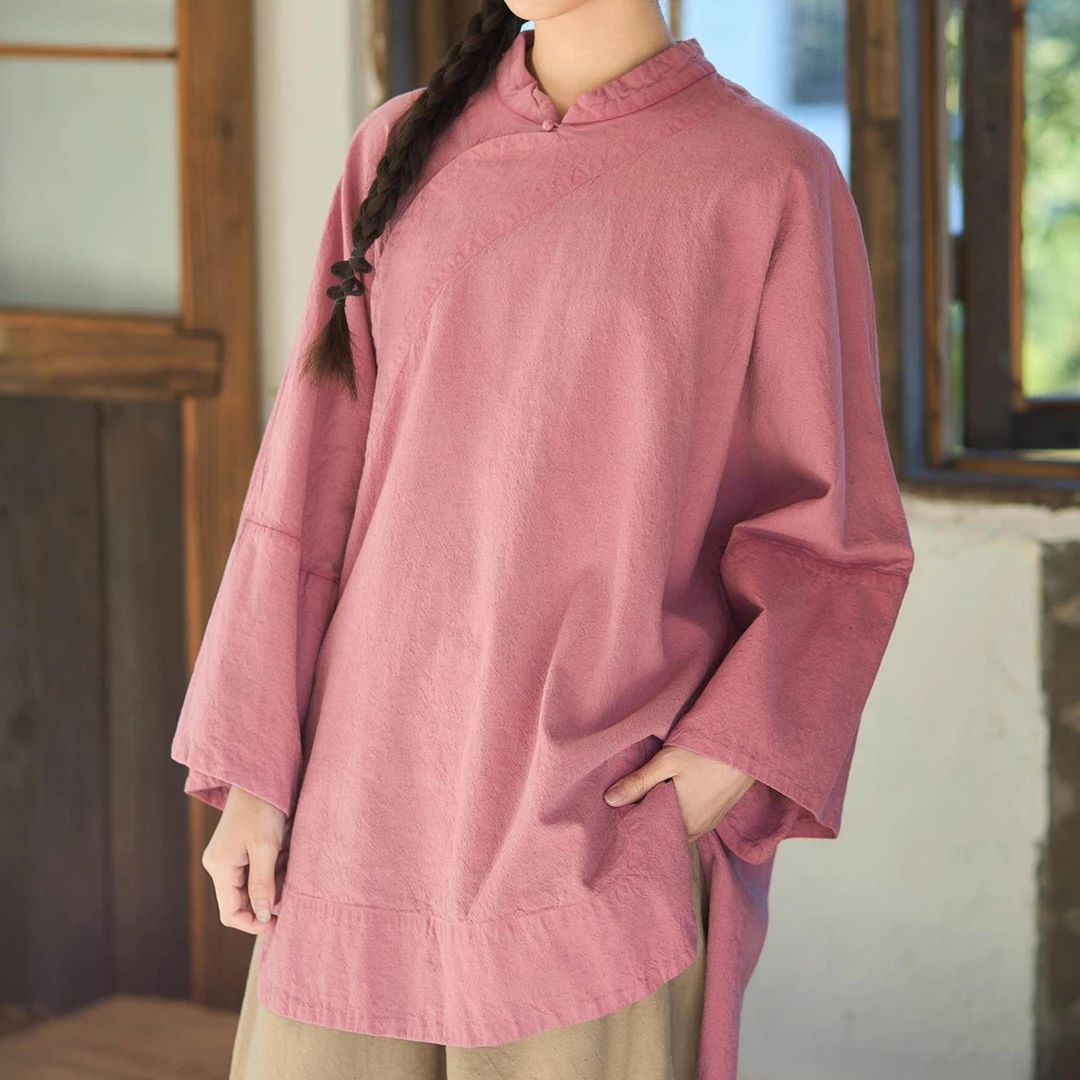 照本堂2025春斜襟立领手工纽扣中长款20支上衣w12645