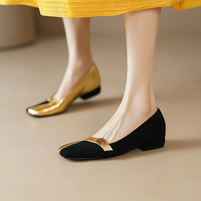 真皮断码清仓春夏季羊皮鞋女平底低跟方头舒适浅口单鞋洋气金色鞋