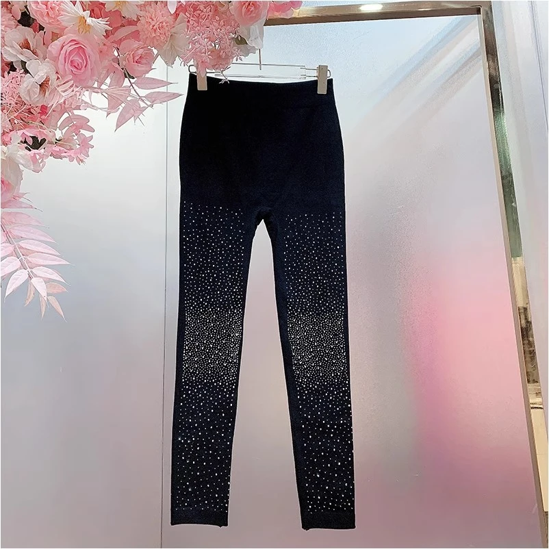 X21379欧美设计师2024秋冬季新款重工烫钻修身高弹百搭时尚打底裤