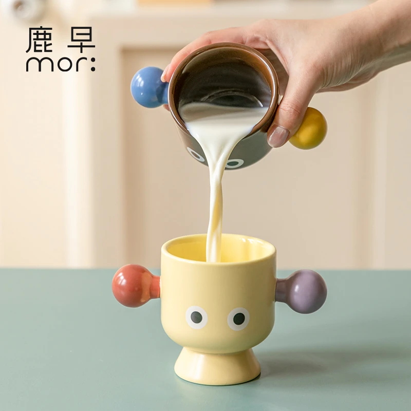 鹿早创意撞色大眼睛牛奶杯早餐杯陶瓷马克杯水杯咖啡牛