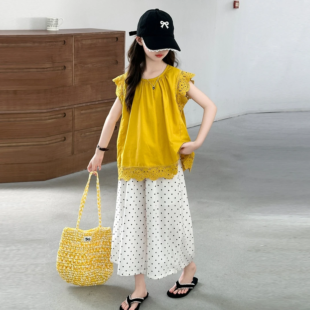 女童夏季蕾丝花边娃娃衫套装2025新款中大童洋气波点阔腿裤两件套