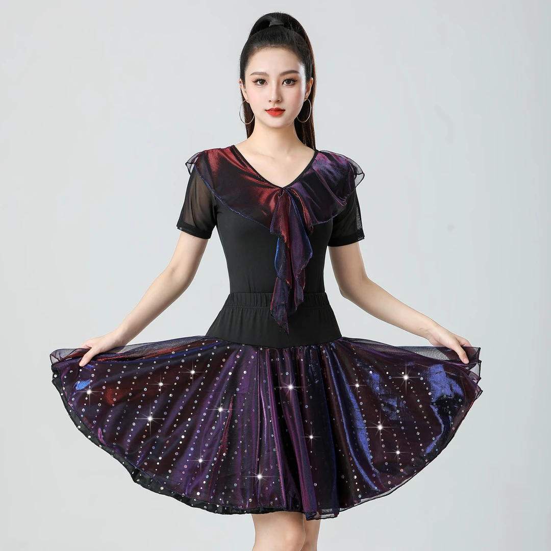 幻彩亮片广场舞服装大摆裙适合三步踩国标舞交谊舞摩登舞夏广场舞
