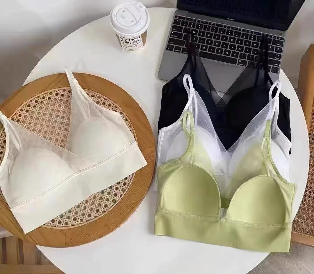 丽子家 品牌 无痕乳胶一体杯美背内衣女细肩带性感网纱抹胸式