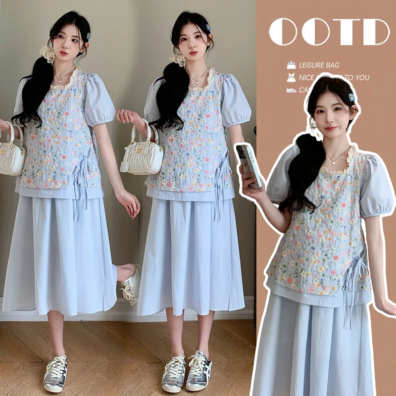 孕妇装夏装两件套薄款棉拼接假两件上衣+半身裙套装洋气时尚复古