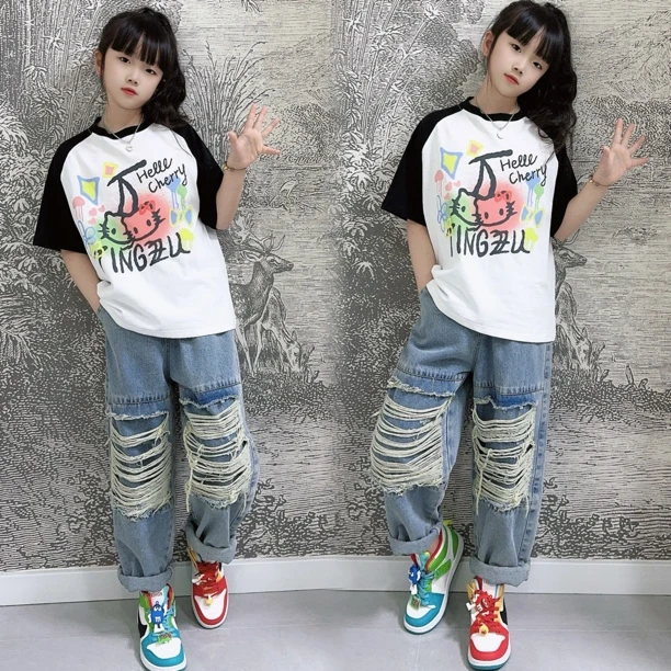 女童拼接短袖T恤夏装2025新款女孩韩版卡通中大童夏季上衣儿童装