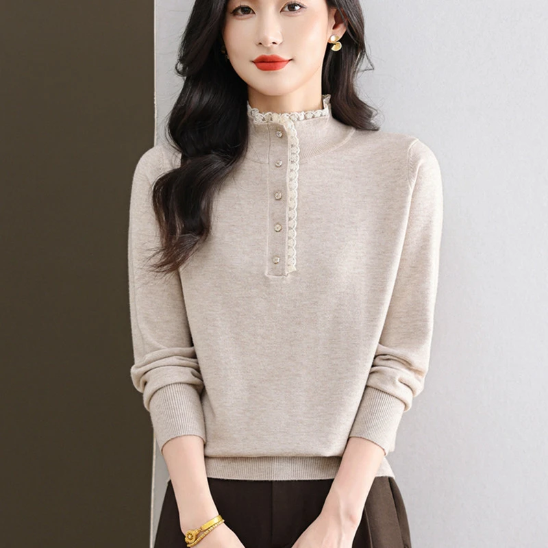 拼接花边蕾丝领针织打底衫女2025新款内搭洋气妈妈装秋冬季毛衣