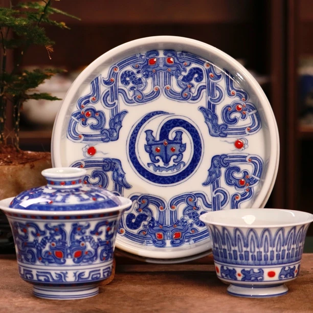 景德镇仿清纯手工手绘青花高档饕餮纹陶瓷马蹄盖碗壶承马蹄杯茶具