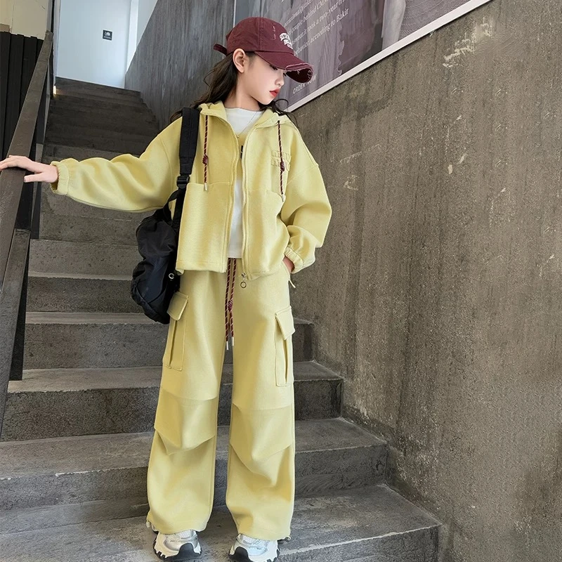 CSC2005女童春秋款运动套装2025女孩洋气时髦连帽开衫卫衣两件套