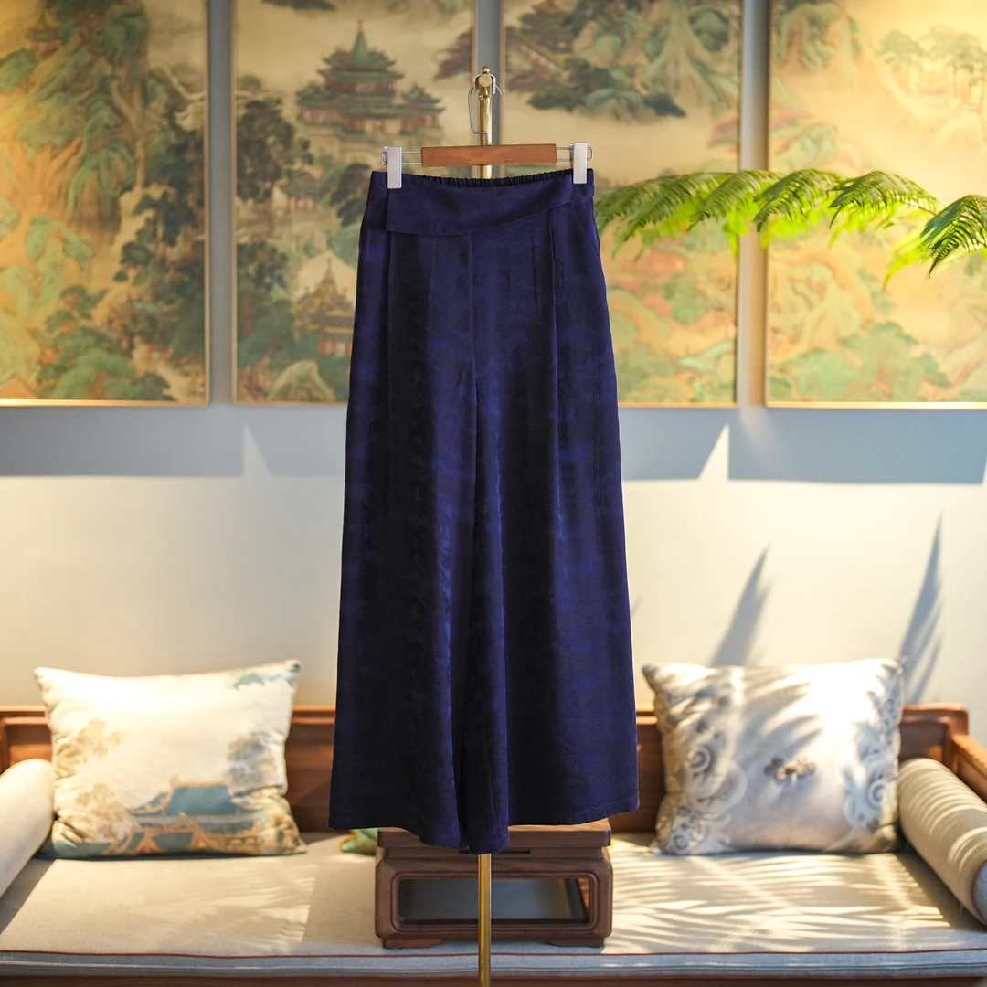 蓝大【莲池】新中式国风桑蚕丝休闲裤7398