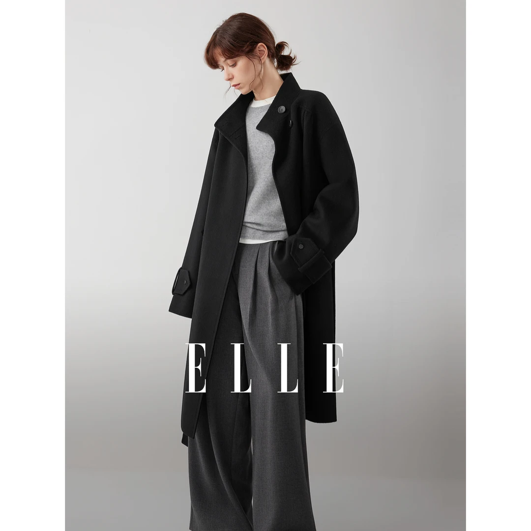 【100%绵羊毛】ELLE女装长款双面呢大衣2025冬新款外套EN52842