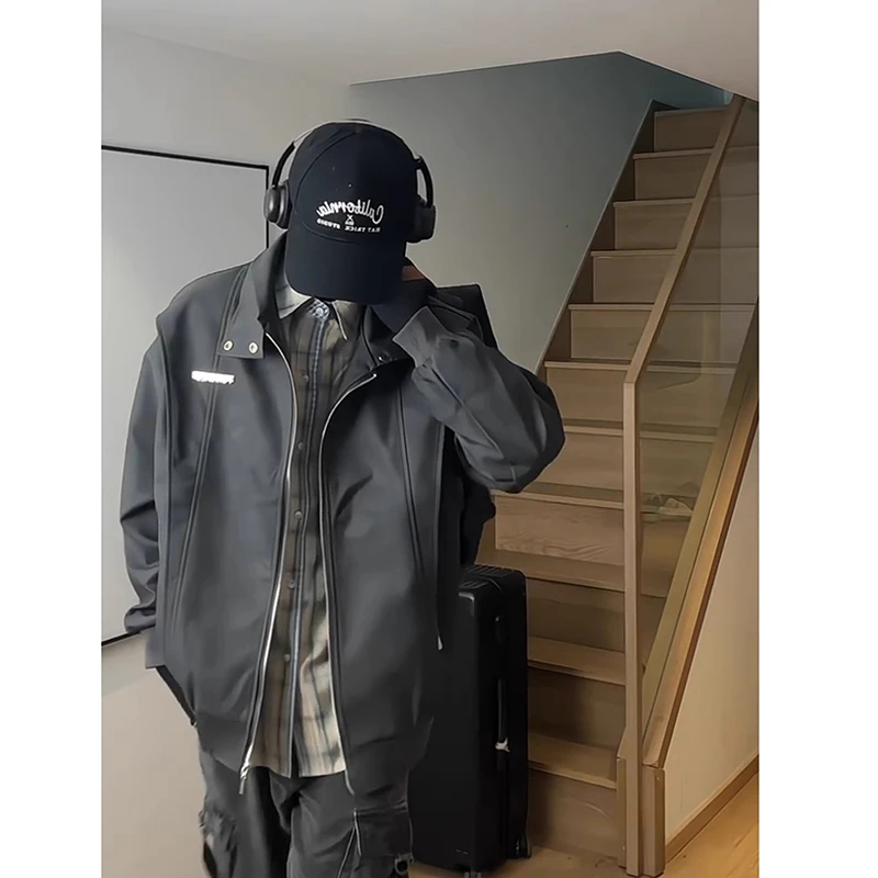 灰色解构正肩皮衣外套男款秋季美式复古机车服痞帅高级感立领夹克