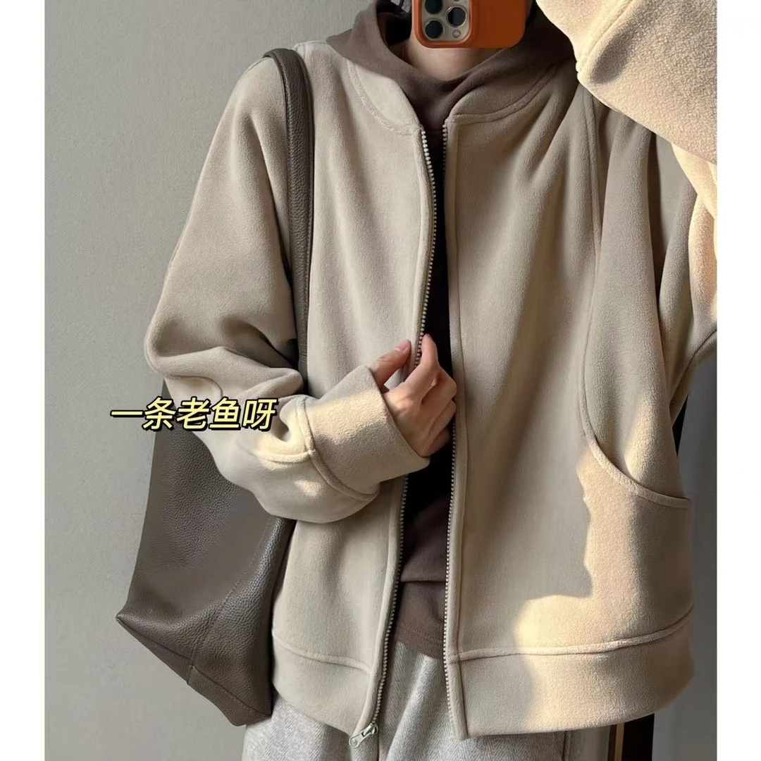 R 一条老鱼呀 双面加绒加厚拉链卫衣外套女秋冬1445