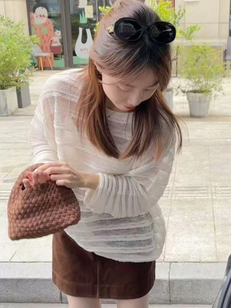 韩系chic别致镂空防晒针织罩衫女早秋新款独特漂亮宽松空调衫上衣