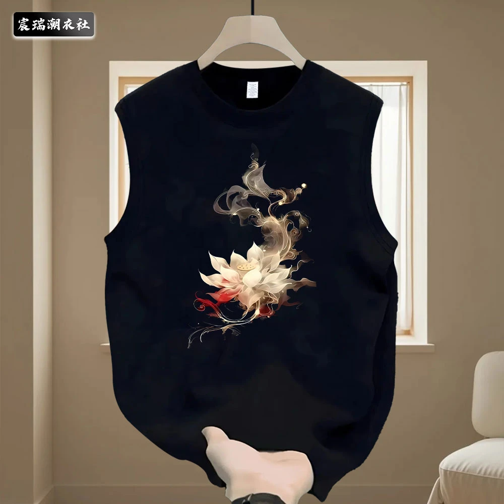2025夏季休闲国潮印花宽松百搭男女款圆领纯棉无袖背心潮流设计感