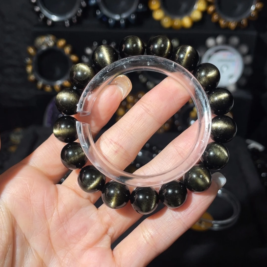 云***黑曜岩未镶嵌手链12mm猫眼金曜石