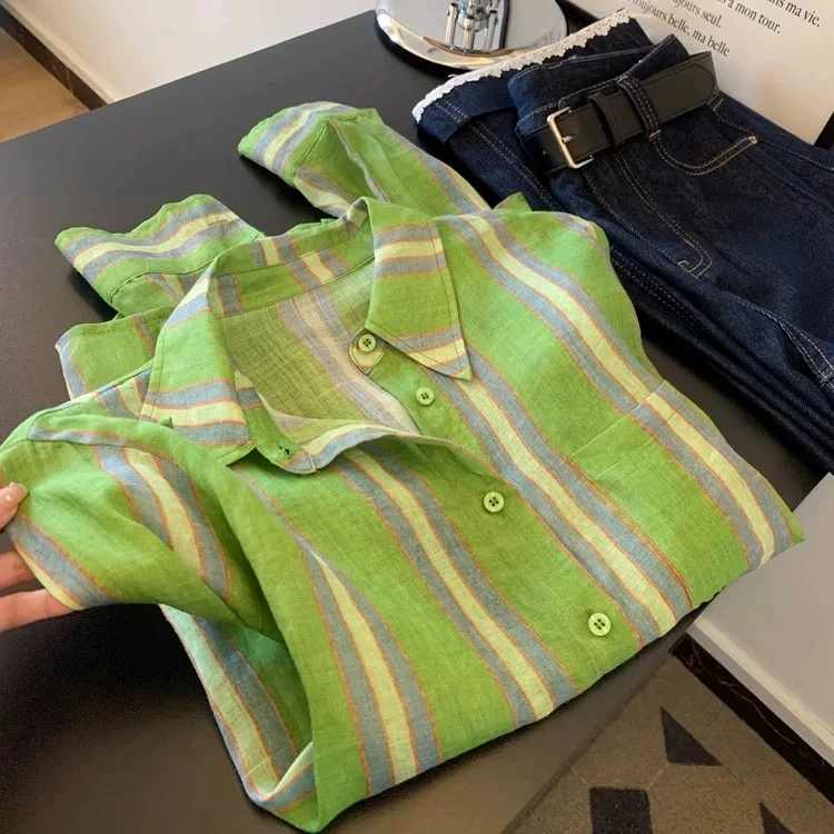 韩版单排扣拼色设计感绿条纹衬衫女2025秋季秋款百搭长袖上衣