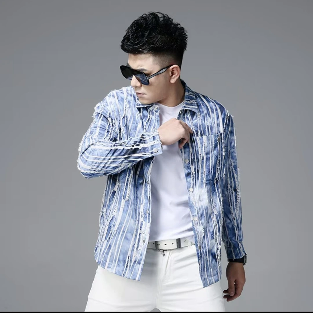 春季男士大码小香风条纹满印翻领外套时尚休闲舒适运动上衣衬衫