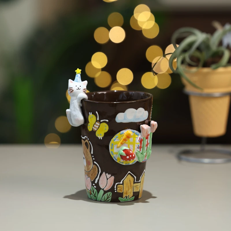 344【三只熊】立体小猫手绘紫砂可乐杯马克杯