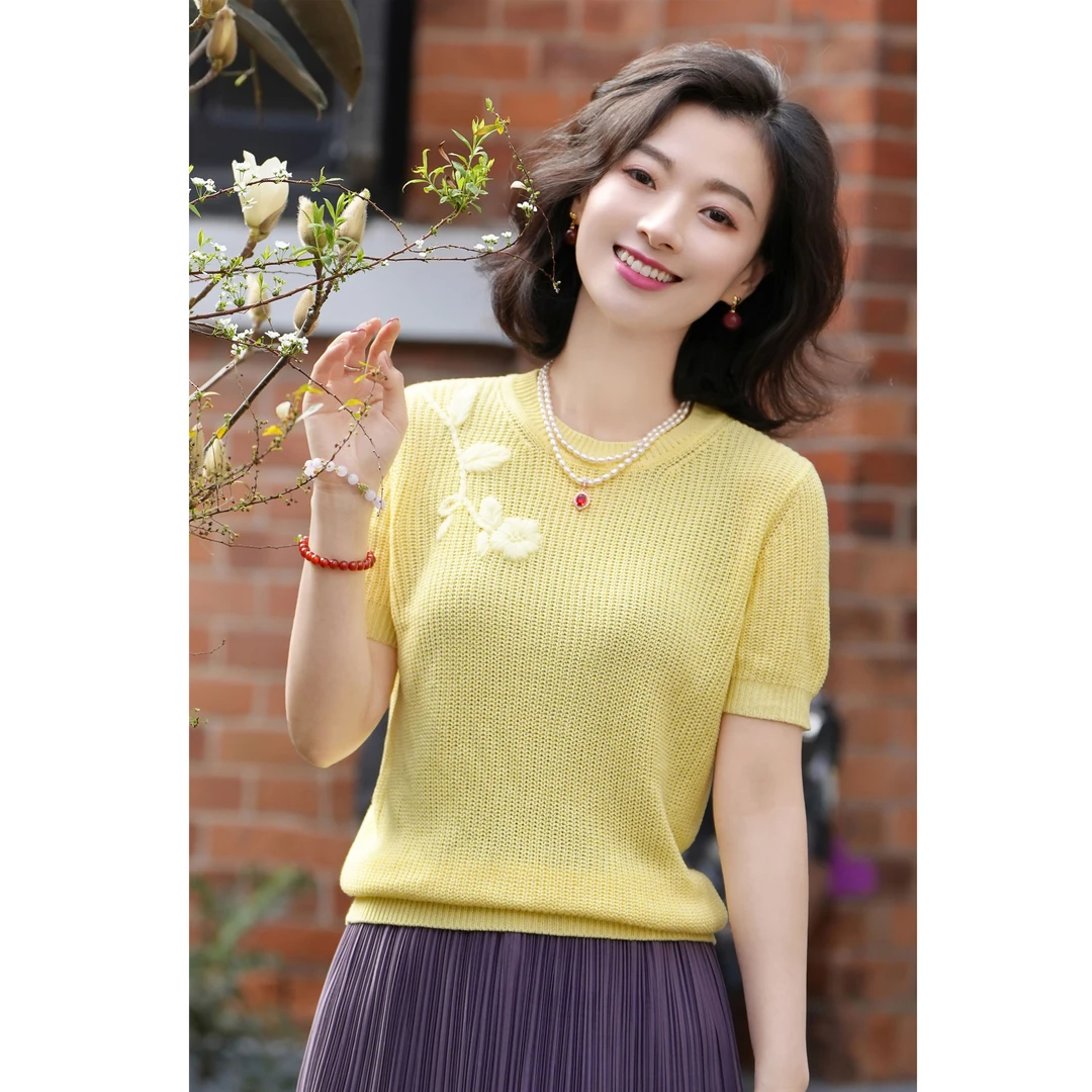 西子/【小阳春】日本进口和纸纱复古钩针凉感针织T恤/MSLIUZ001