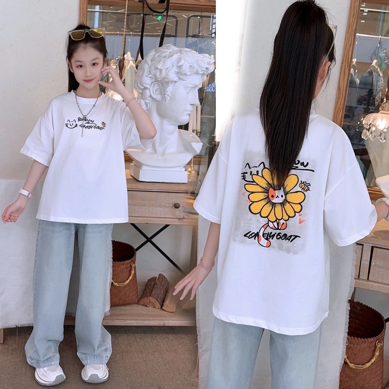 女童夏季短袖T恤套装2025新款洋气女大童夏装休闲上衣儿童牛仔裤