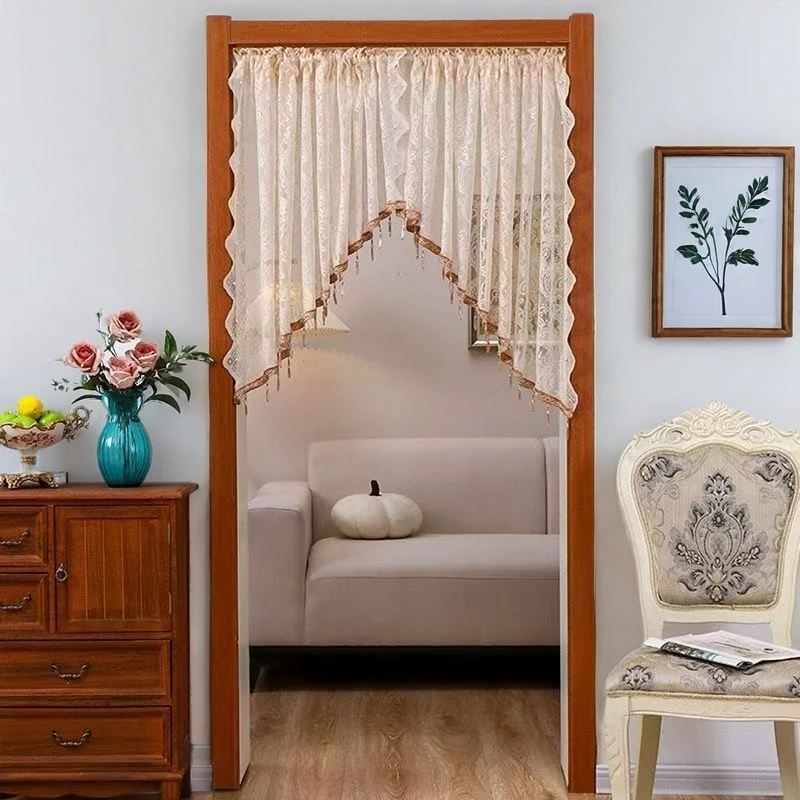 新品三角弧形帘蕾丝纱帘半帘隔断帘卧室客厅阳台遮挡帘半透纱帘