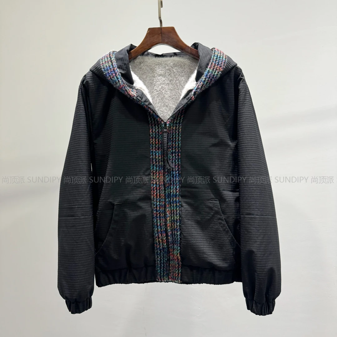 冬季时尚个性拼接连帽座山雕加绒夹克潮流INS男士宽松保暖外套