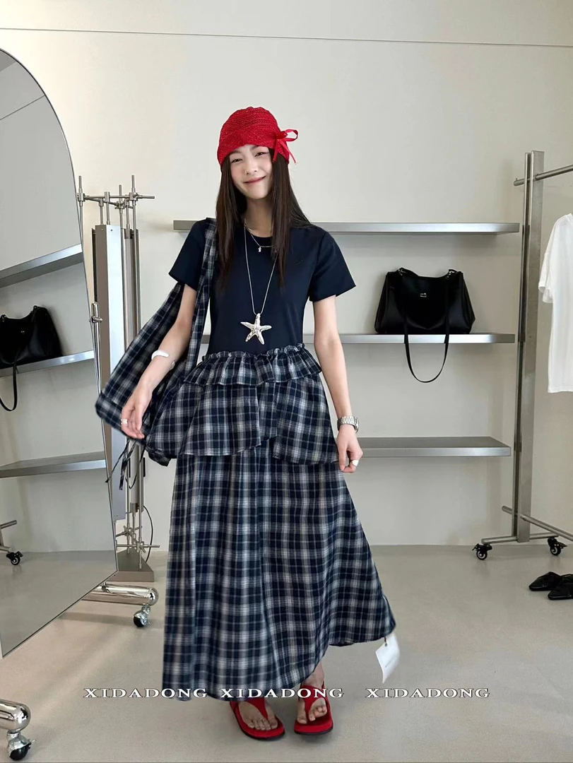 福秒-喜欢这个！格子拼接款花边连衣裙（配包包）（XD8208#）喜大东