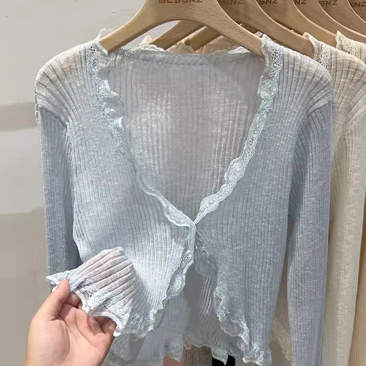 夏季薄款冰丝针织防晒开衫女通用百搭裙子外披肩空调衫领木耳边设