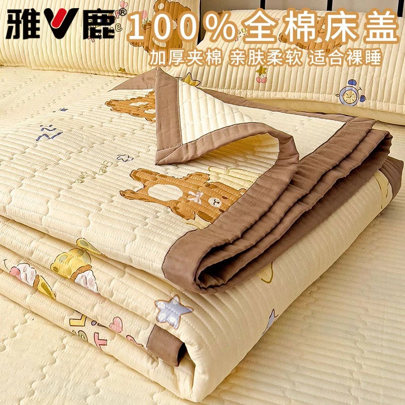 雅鹿卡通风全棉床盖单件夹棉榻榻米三件套加厚单双人床单四季通用