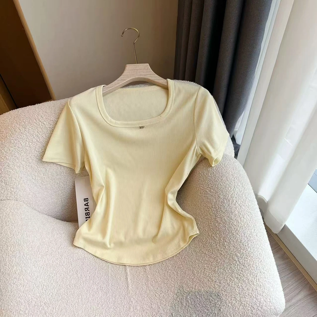 【豆子推荐】7081 夏季方领设计感简约纯色显瘦短款T恤上衣透气百搭