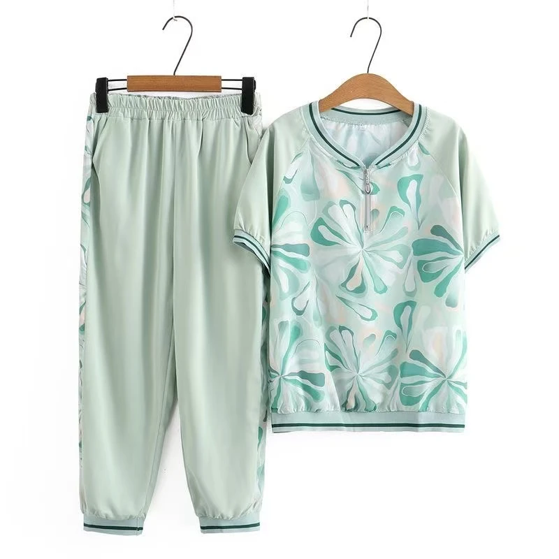 9625-奶奶套装夏装女薄款短袖女妈妈夏季两件套（a22-1-2）