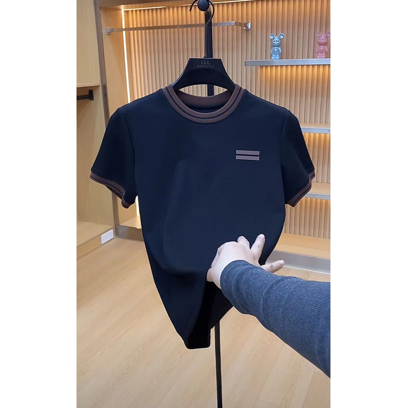 欧货轻奢高定设计感撞色休闲短袖T恤2025夏季新款ins百搭藏青上衣