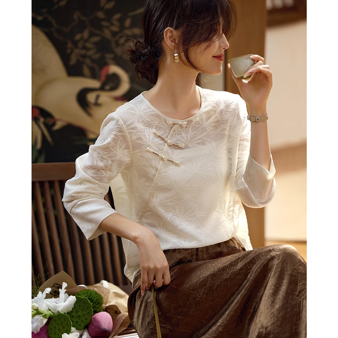 XWI/欣未新中式竹叶提花针织圆领侧盘扣长袖T恤2025新秋气质上衣