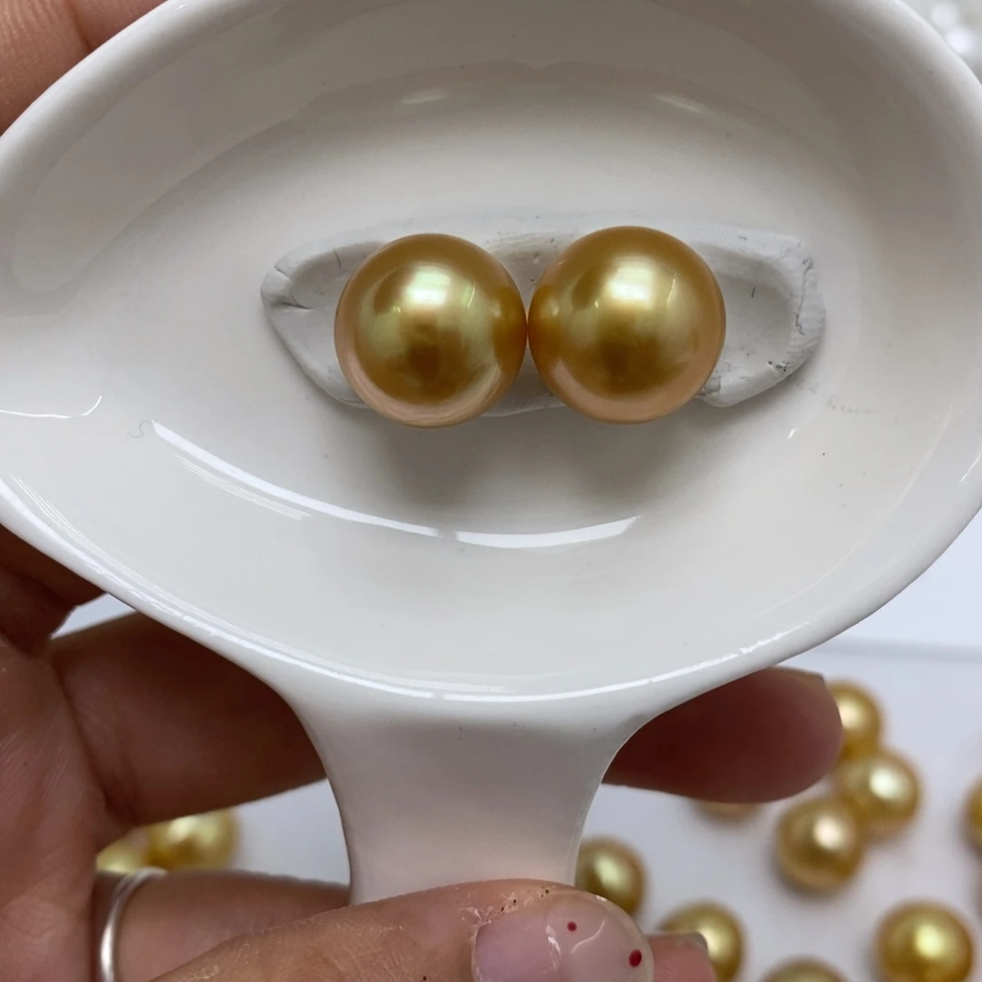 银S925镶嵌耳饰海水珍珠12.7，12.9，浓橘色