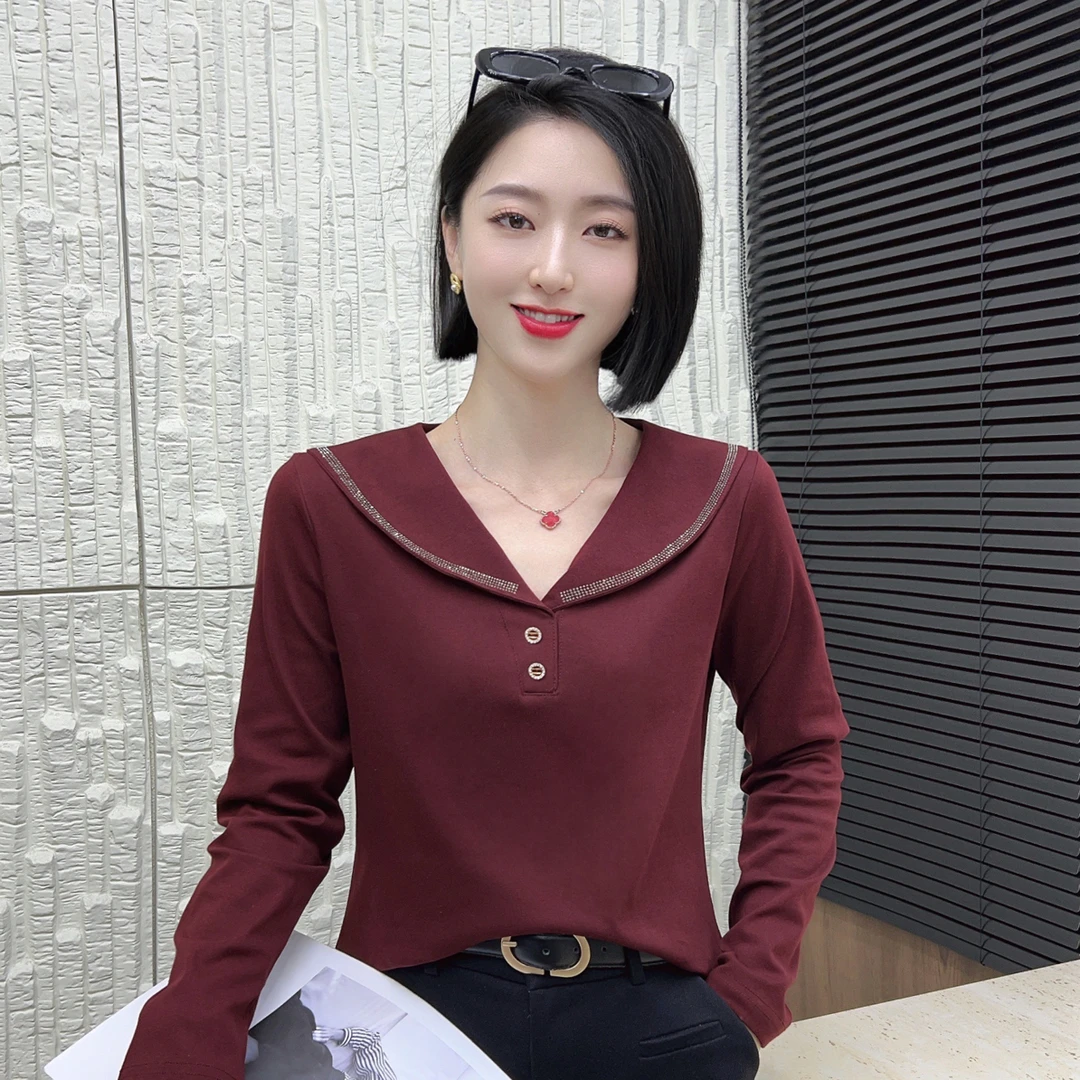 时尚洋气百搭长袖显瘦纯色娃娃领T恤衫
