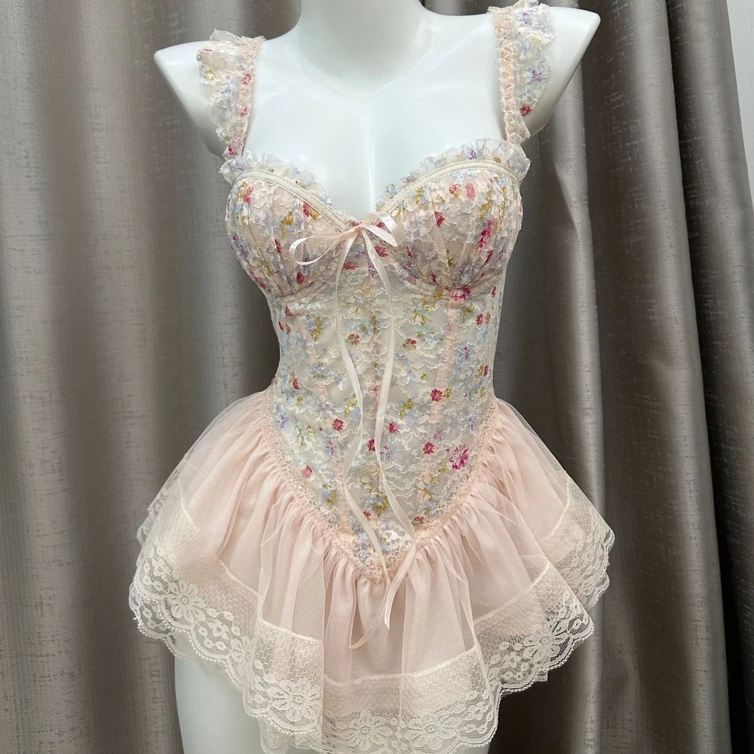 【80-200】新款纯欲碎花印染甜美鱼骨胸衣带胸垫收腰显瘦性感小短裙