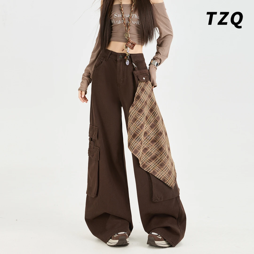 复古美拉德屁帘工装牛仔裤女款爆款2025秋季新款宽松拖地阔腿裤子